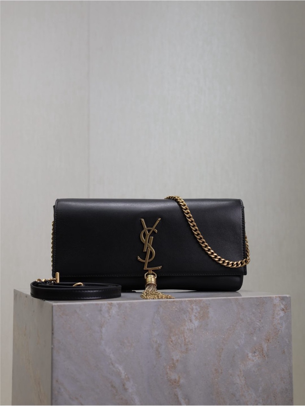 Saint Laurent Black Leather Monogram Tassel Chain Crossbody